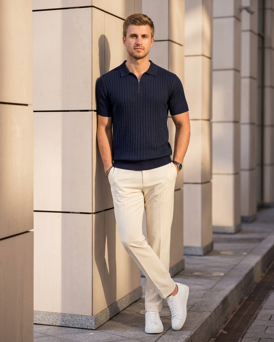 VELLANO™ — Polo met ritssluiting van geribd breisel